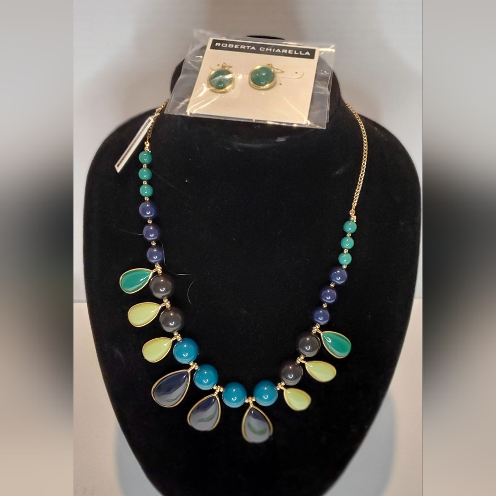 Nwt Roberta Chiarella Green and Blue Teardrop Necklace And Earrings